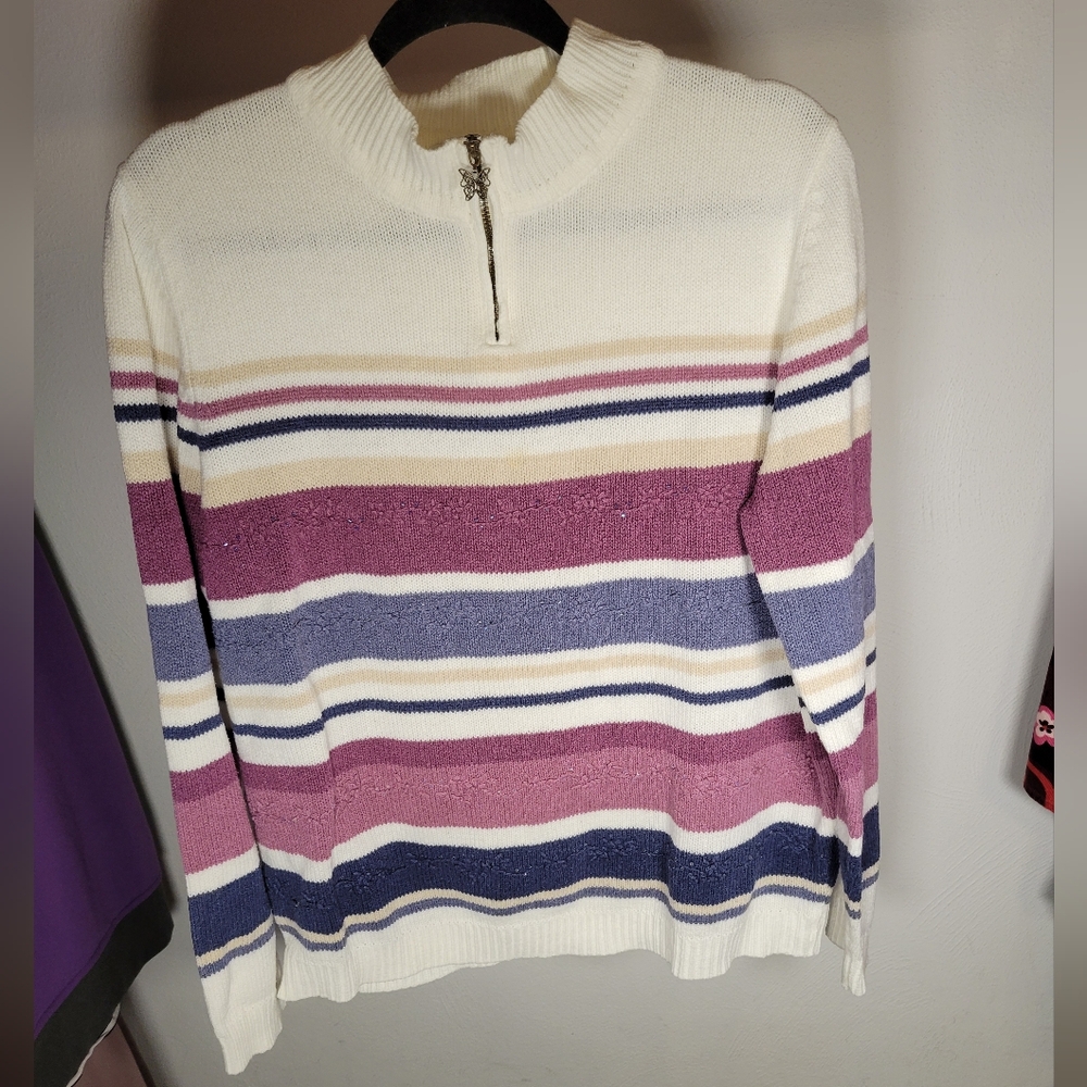 Alfred Dunner Cream and Purple Striped Sweater
